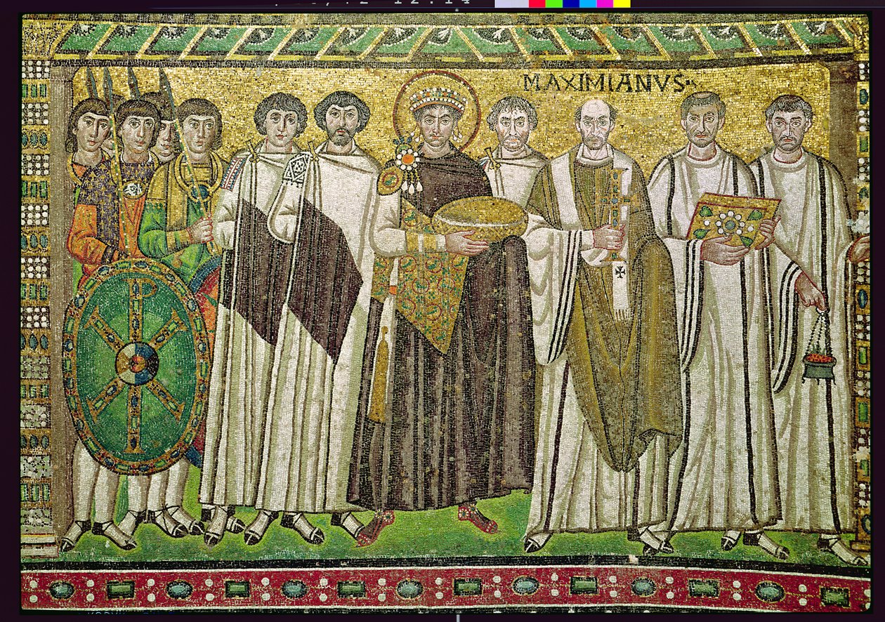 I. Justinianus császár és kísérete tisztviselőkből, őrökből és papságból, i.sz. 547 körül (mozaik) alkotó: Byzantine School