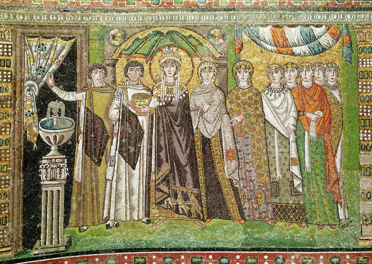 Theodora császárné két lelkészből és hét nőből álló udvarával, i.sz. 547 körül (mozaik) alkotó: Byzantine School