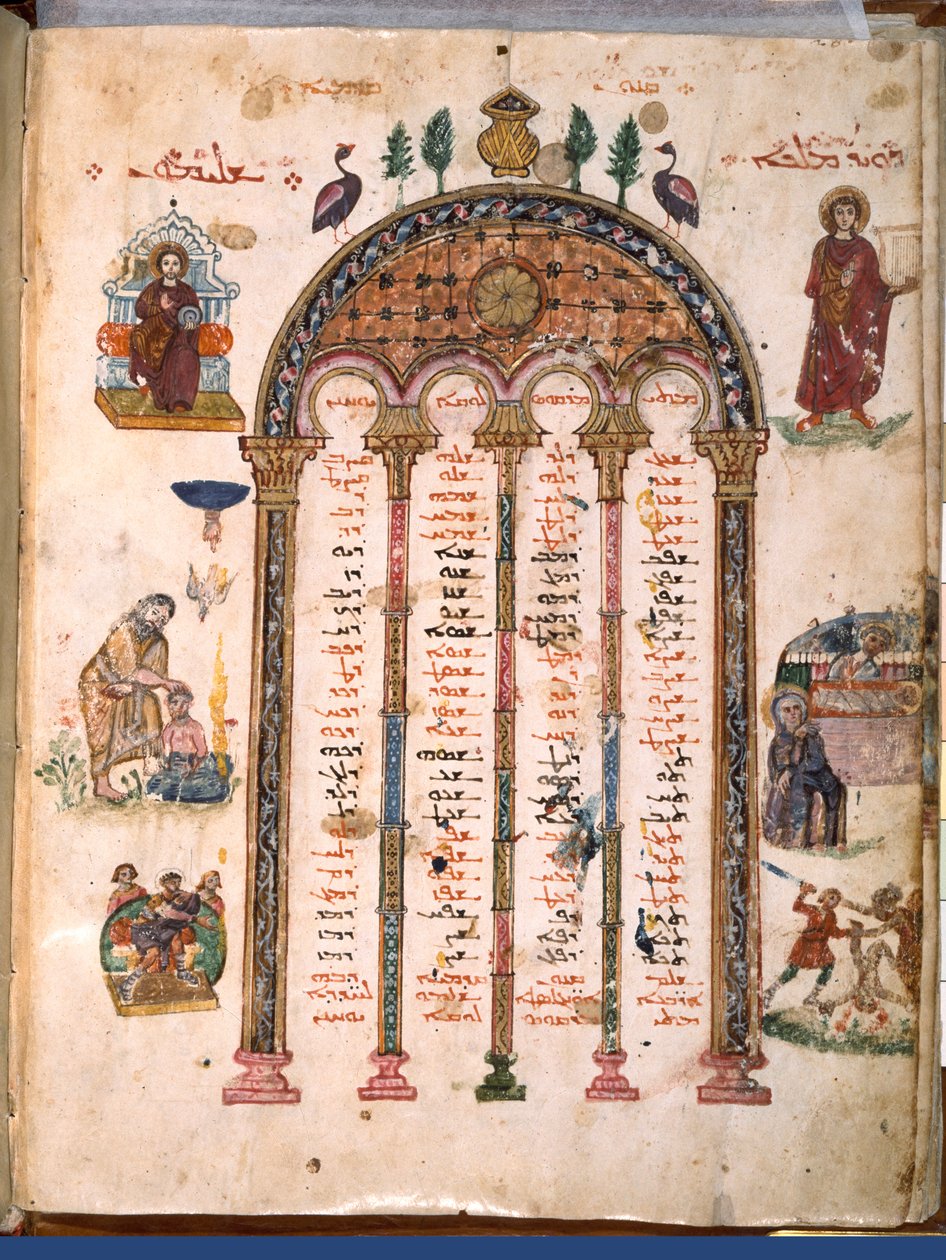F.4v, kánon asztalok, a Rabula evangéliumokból, i.sz. 586 (tempera pergamen) alkotó: Byzantine School