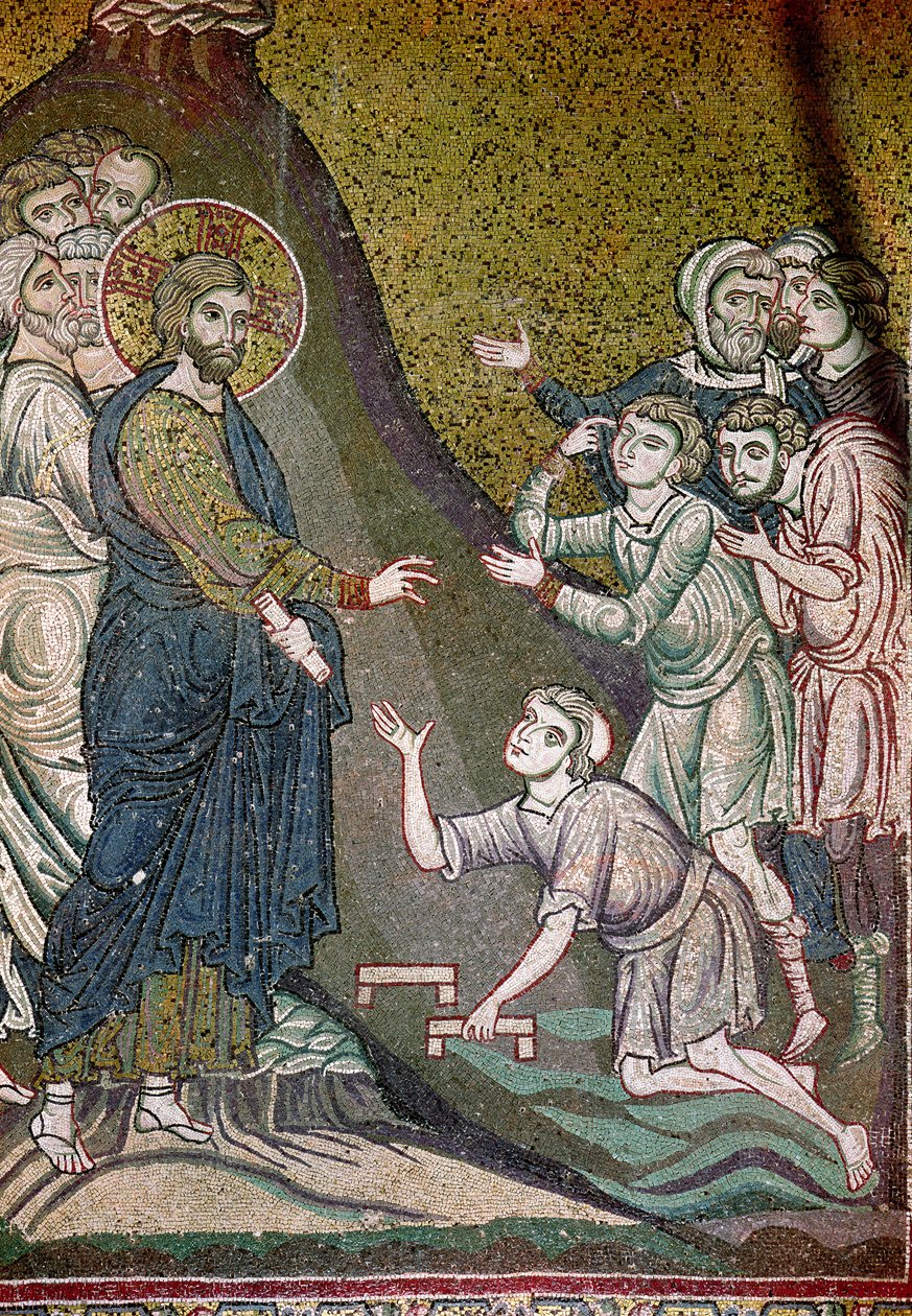 Jézus meggyógyítja a nyomorékokat és a vakokat (mozaik) alkotó: Byzantine School