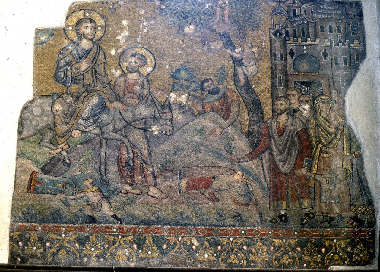 Jézus bevonul Jeruzsálembe pálmavasárnap, Születés Temploma, Betlehem (mozaik) alkotó: Byzantine School