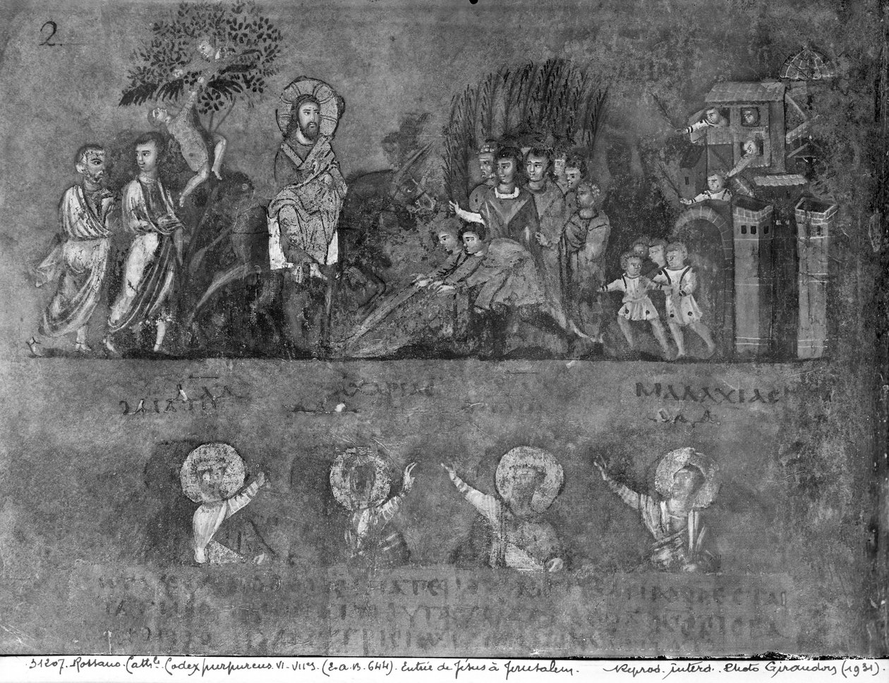 Ms EAB 664 Jézus belépése Jeruzsálembe, a Codex Purpureusból alkotó: Byzantine School