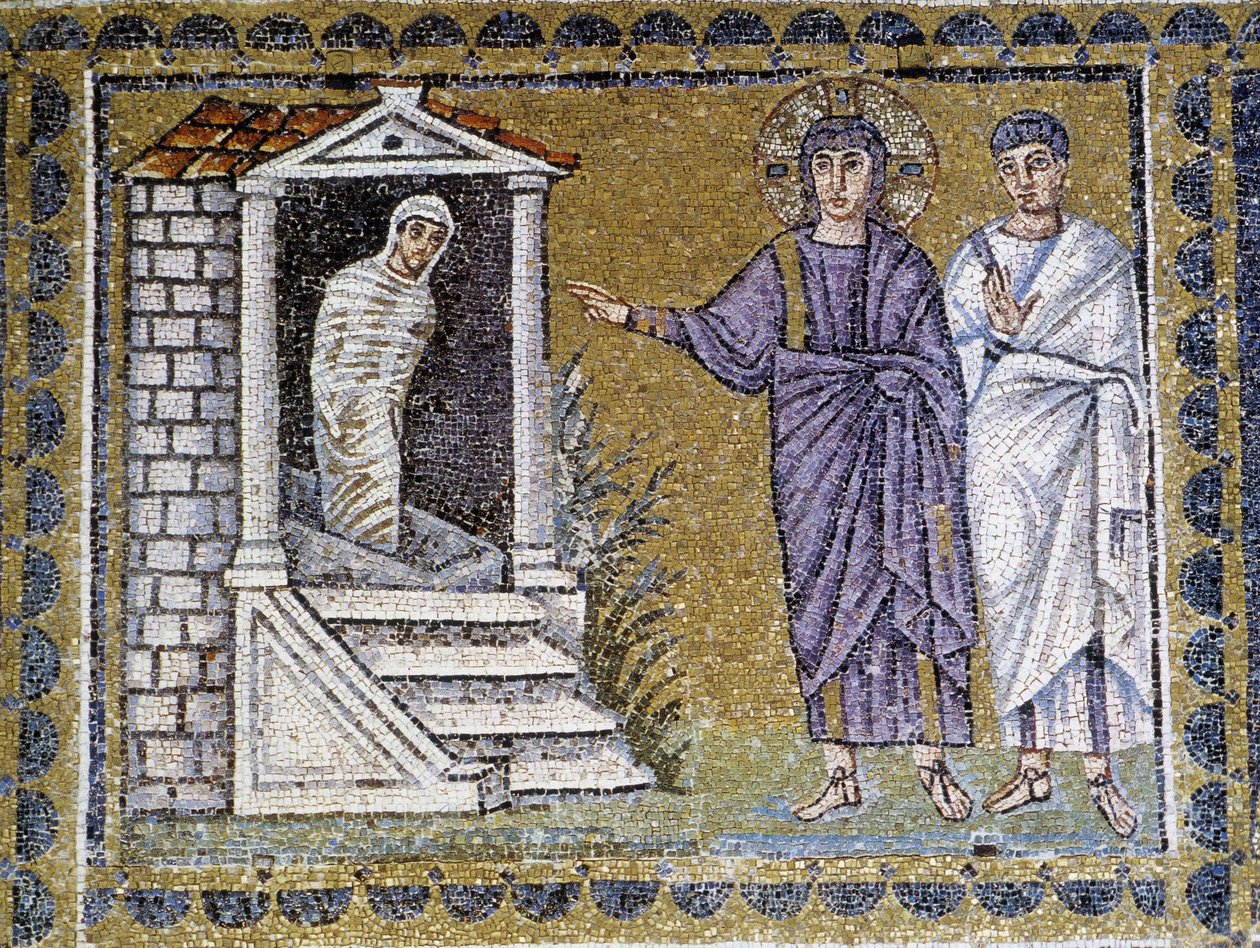 Lázár feltámadása, falimozaik a ravennai Szent Apollinar templomban, Ravenna, 6. század. alkotó: Byzantine School