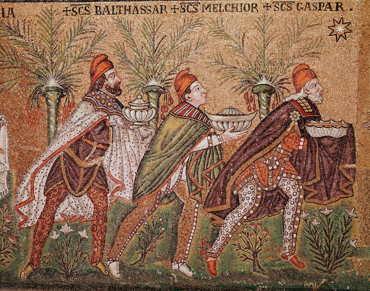 A bölcsek imádása (részlet mozaikokból, 6. század) alkotó: Byzantine School