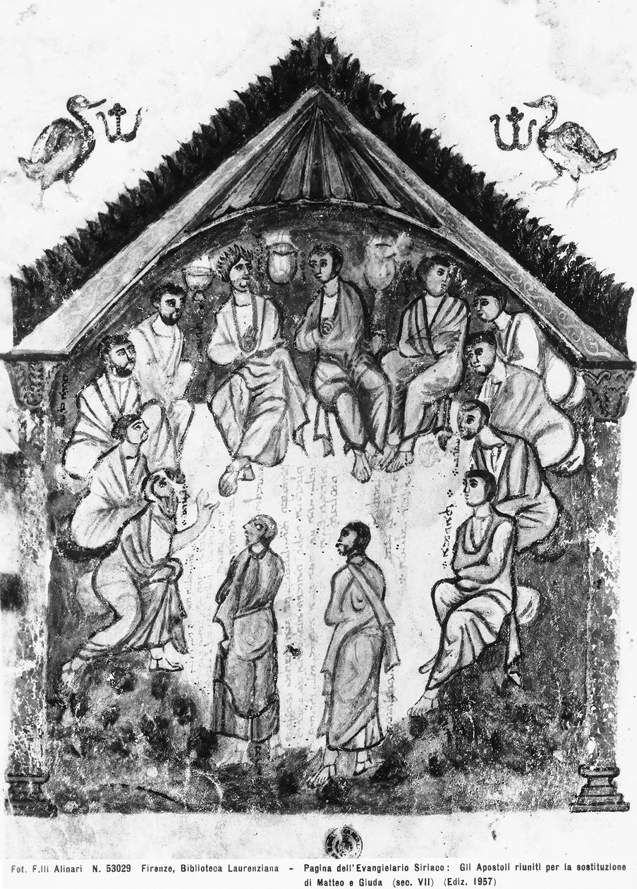 Az apostolok azért gyűltek össze, hogy Júdást Mátyás váltsa fel, fólió a Rabulai evangéliumokból, i.sz. 586 (tempera pergamen) alkotó: Byzantine School