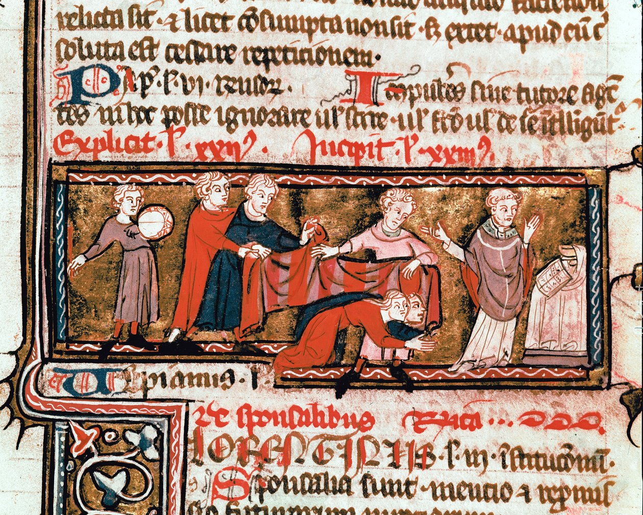 Esküvői jelenet, a házastársak egy kendővel vannak letakarva, ami az egyesülésük szimbóluma Miniatűr a Jusztiniánusz-kódexből (Codex Justinianus), az I. Jusztiniánusz bizánci római császár (483-565) alatt átdolgozott törvény- és intézménygyűjteményből ms.  alkotó: Byzantine School