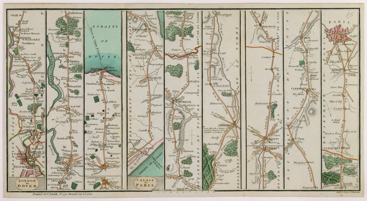 A Londonból Doverbe és Calais-ból Párizsba vezető út új terve, metszette Smith és Jones, 1801 (színes metszet) alkotó: C. A. Smith