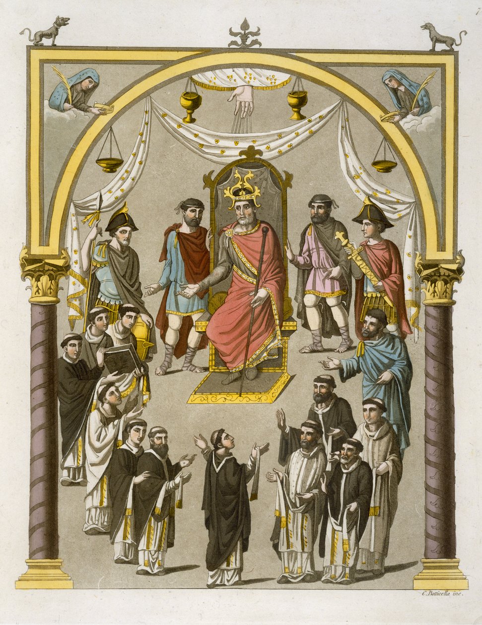 II. Károly (823-77) Kopasz, a Colberg Library-beli kézirat után, Jules Ferrario Le Costume Ancien et Moderne 7. táblája, az 1820-as és 30-as évek körül megjelent. alkotó: C. Botticella