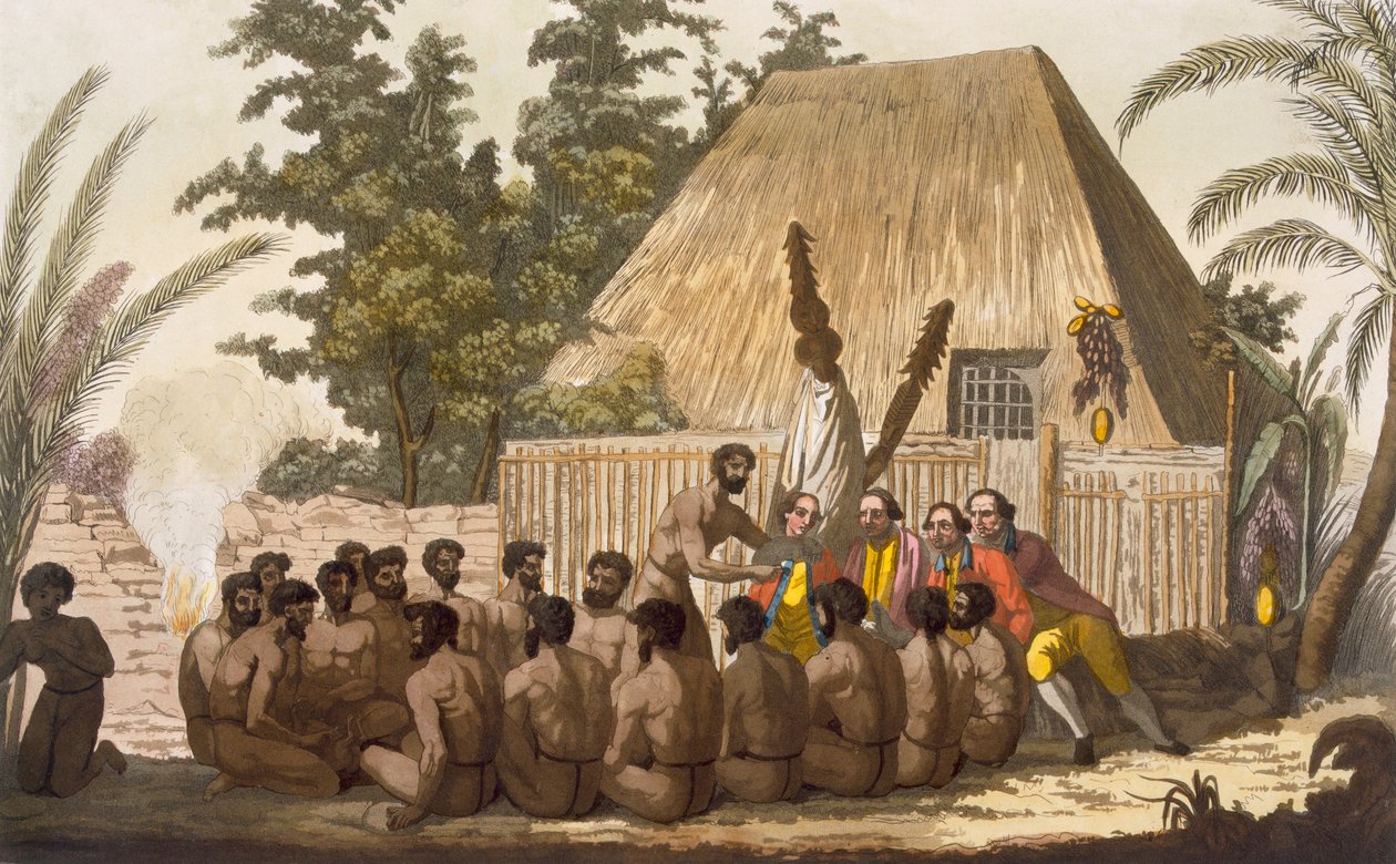 Felajánlás Cook kapitány előtt, amely Lomo isten megtestesüléseként ismeri el őt, 1779. január, vésette Angelo Biasioli alkotó: C. Bottigella