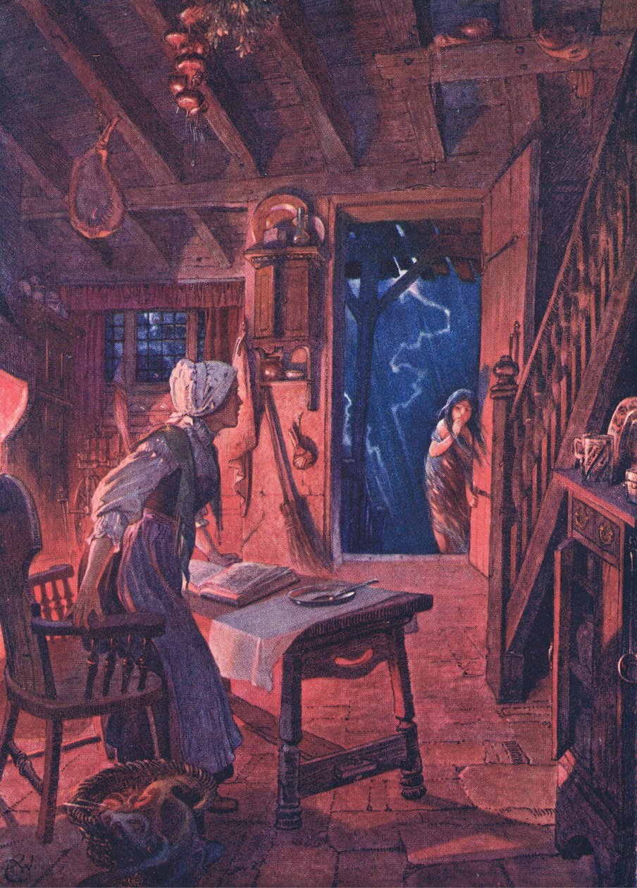 Az ajtó kinyílt, és a küszöbön a megdöbbent nő egy fiatal lányt látott, a The Child of the Air kocsmából. Duckworth, 1910 alkotó: C. Wilhelm