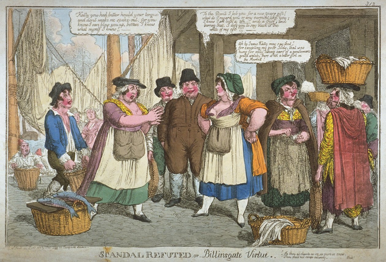 „A botrány megcáfolva, vagy Billingsgate-erény”, 1818 (kézzel színezett rézkarc) alkotó: C. Williams