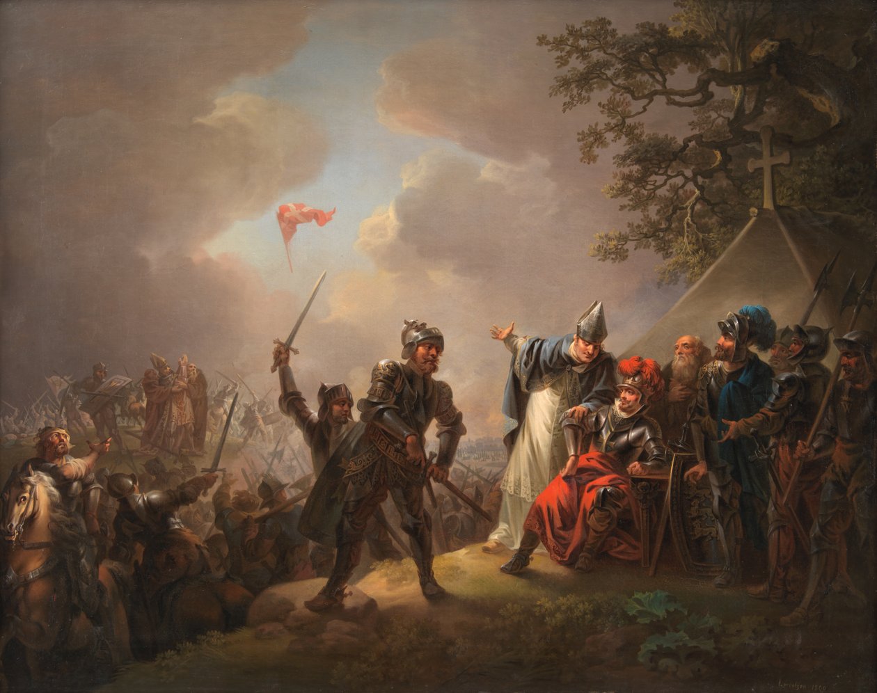 A dán zászló (a Dannebrog) legendája az észtországi Lyndanisse-i (Tallinn) csata során az égből lehullásáról 1219-ben alkotó: C.A. Lorentzen