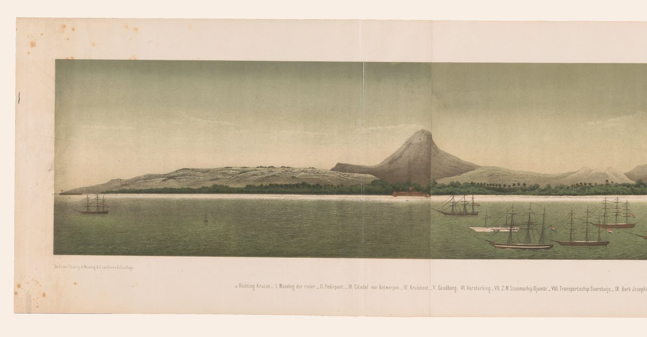 Kilátás Nagy-Aceh partjára, az Első Aceh-expedíció flottájával a part mellett, amely négy részből áll The Greater Aceh Road (cím az objektumon) alkotó: C.A. Whitten