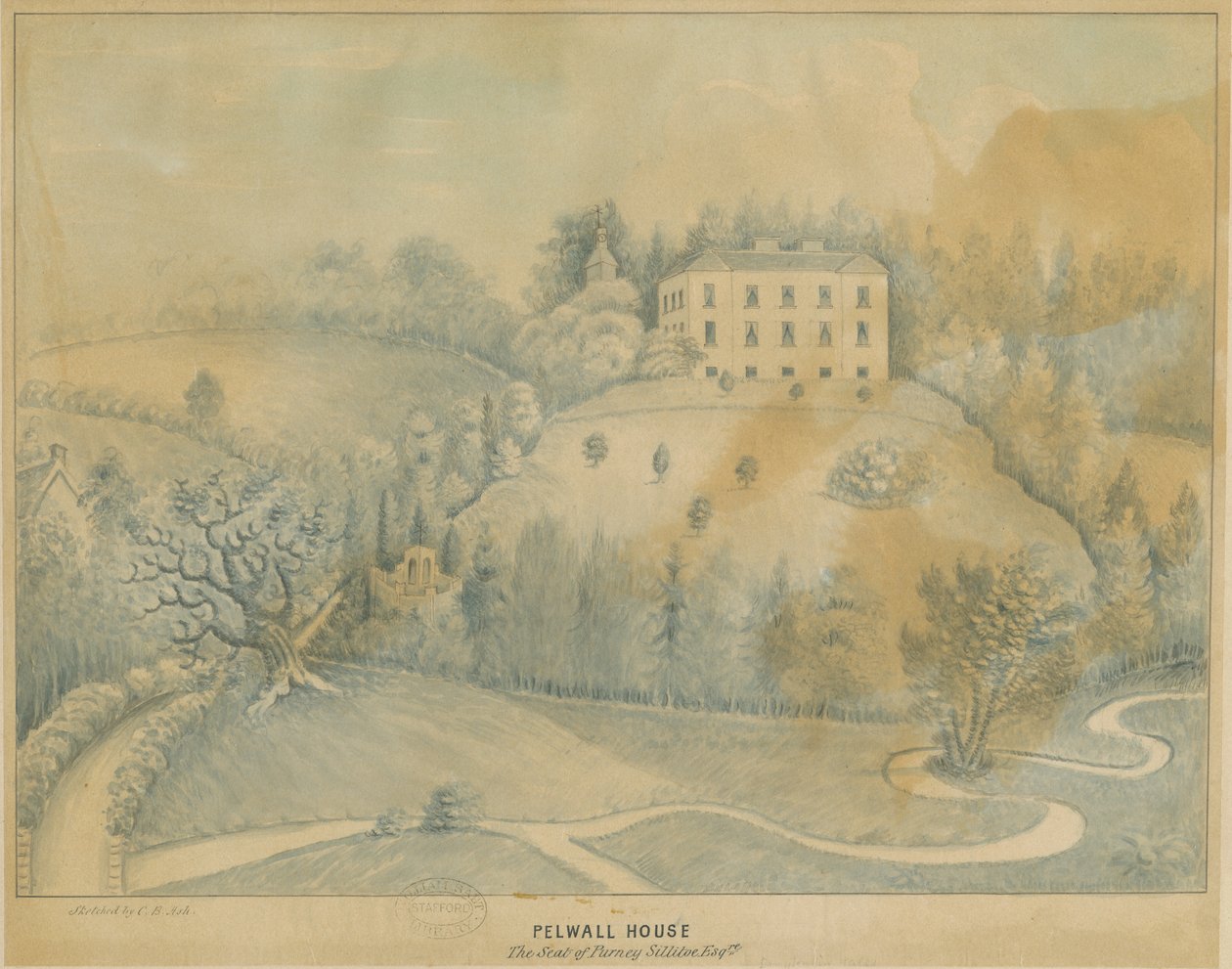 Drayton-in-Hales – Pelwall House: kék mosás rajz, nd [?19. század] alkotó: C.B Ash