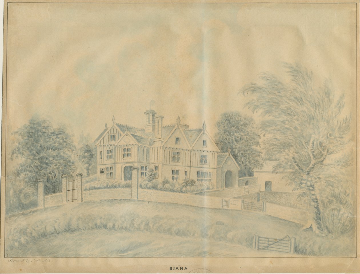 Eccleshall – Biana Hall: kék mosás rajz, és [19. század közepe] alkotó: C.B Ash