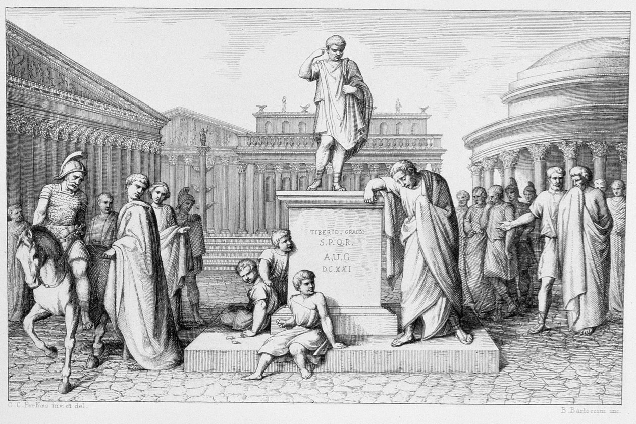 Gaius Gracchus sír az apja szobra előtt, metszett B. Barloccini, 1849 alkotó: C.C Perkins