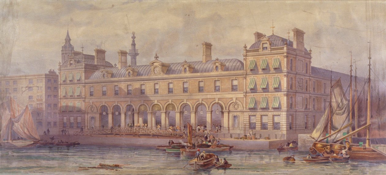 Kilátás a Billingsgate piacra figurákkal és csónakokkal az előtérben, London, 1877 alkotó: CF Kell