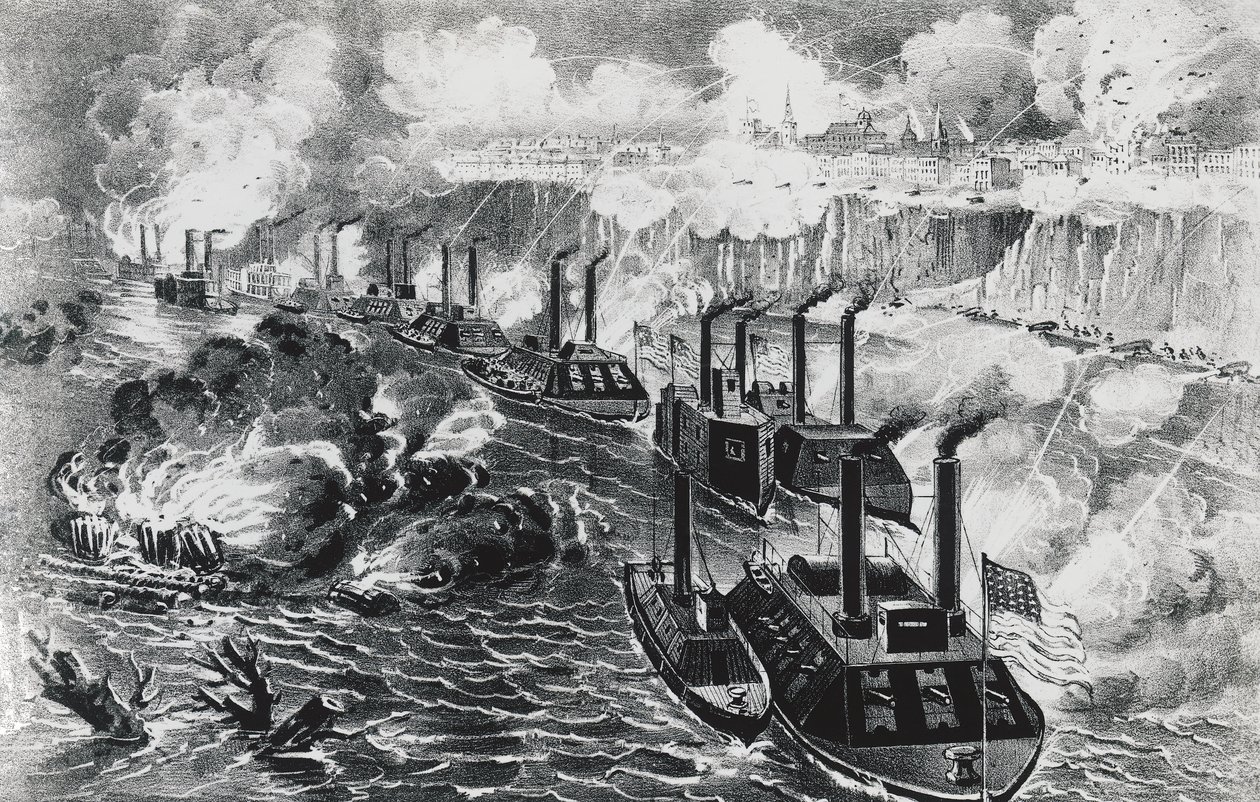 David Dixon Porter tengernagy flottája lázadó blokádot futott Mississippin Vicksburgban, április 16. alkotó: J.B. and Brown J. Rowbotham