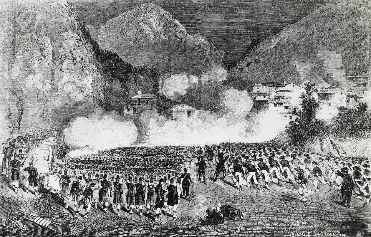 Giacomo Medici tábornok hadosztálya Levico Terme, Trentino-Alto Adige, 1866. július, harmadik függetlenségi háború, metszet, Olaszország alkotó: J.B. and Brown J. Rowbotham