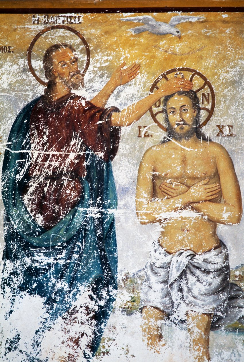 Jézust Szent János megkeresztelte, freskó a Szent János teológus kolostor templomában (az UNESCO világörökségi listája) alkotó: J.B. and Brown J. Rowbotham