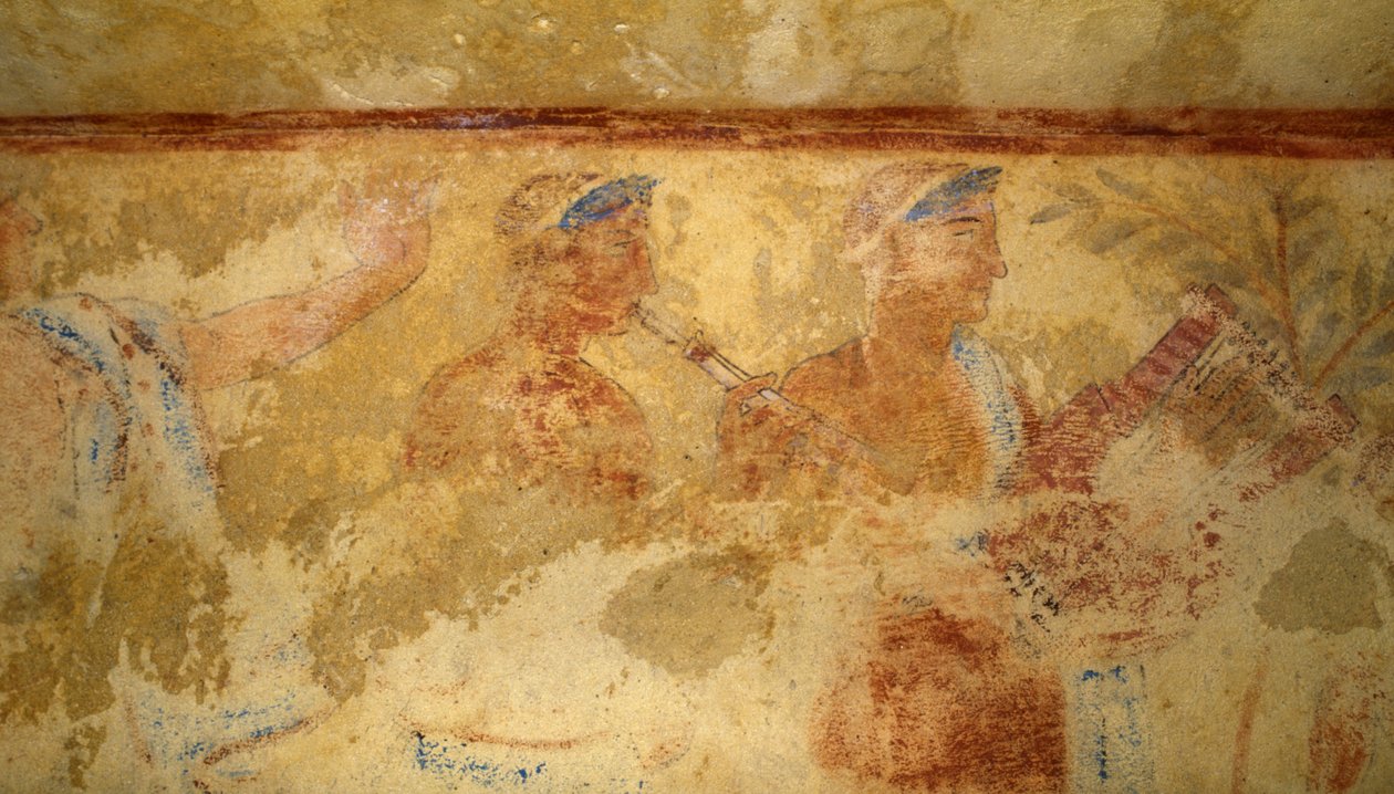 Zenészek, freskó, részlet, Kék démonok sírja, Tarquinia nekropolisza (UNESCO Világörökségi Lista, 2004), Lazio, Olaszország. Etruszk civilizáció, ie 5. század (fotó) alkotó: J.B. and Brown J. Rowbotham