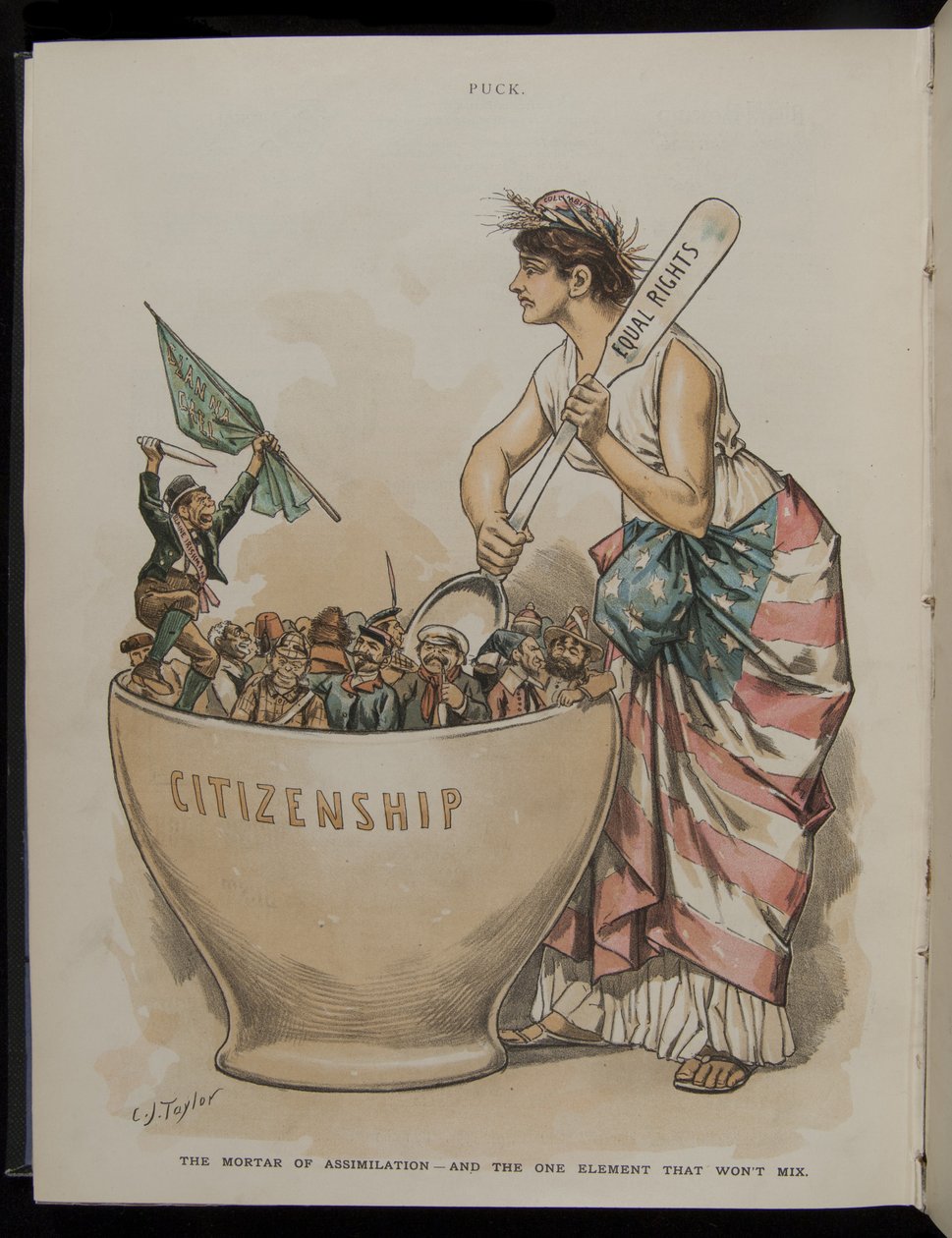 Az asszimilációs habarcs – És az egyetlen elem, amely nem keveredik, illusztráció a Puck Magazine-ból, 1889. június 26. alkotó: C.J. Taylor