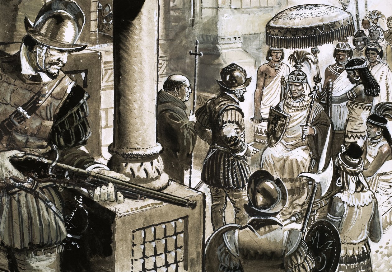 Francisco Pizarro, az Inka Birodalom kegyetlen meghódítója találkozik Atahualpa királlyal. alkotó: C.L. Doughty