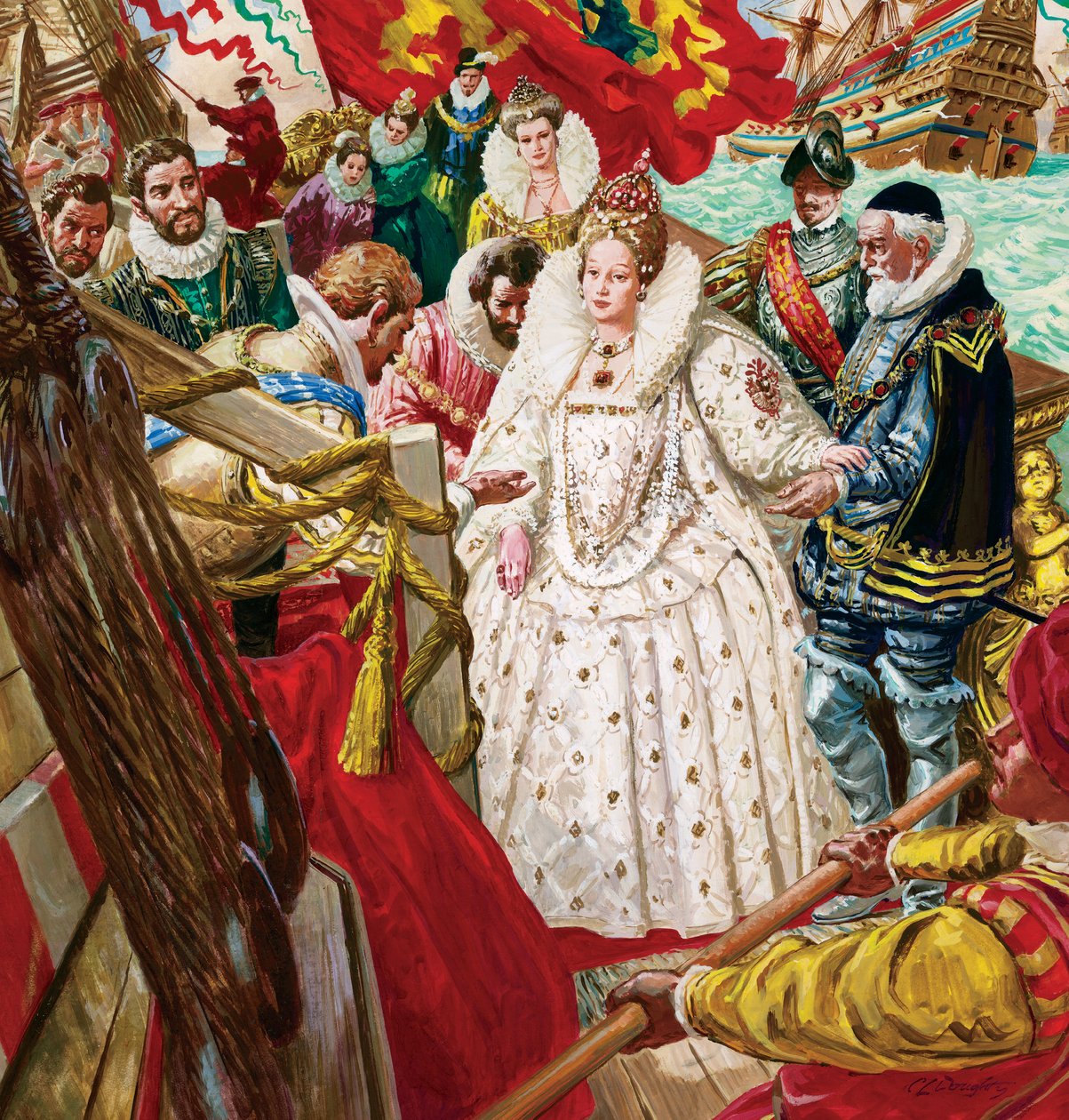 I. Erzsébet királynő (1530-1603) partra száll Sir Walter Raleigh (1554-1618) segítségével (gouache, papír) alkotó: C.L. Doughty