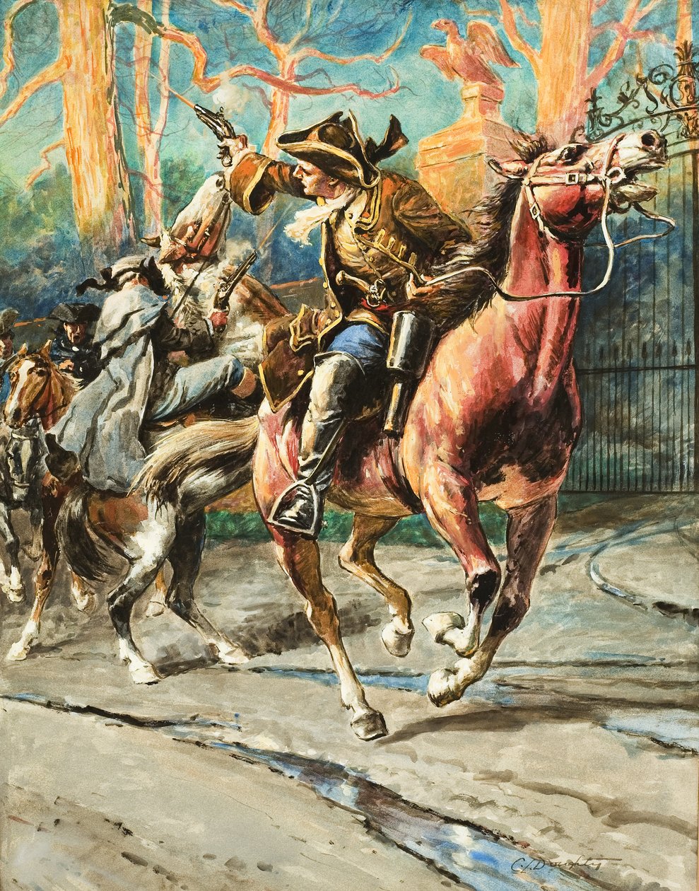 The Exploits of a Highwayman (gouache, papír) William Page minden egyes rablása után úgy tűnt, hogy képes volt megúszni a dolgot - egészen a következő merész szökéséig; sikersorozata egy rablási kísérlet során szakadt meg a Great North Roadon; alkotó: C.L. Doughty
