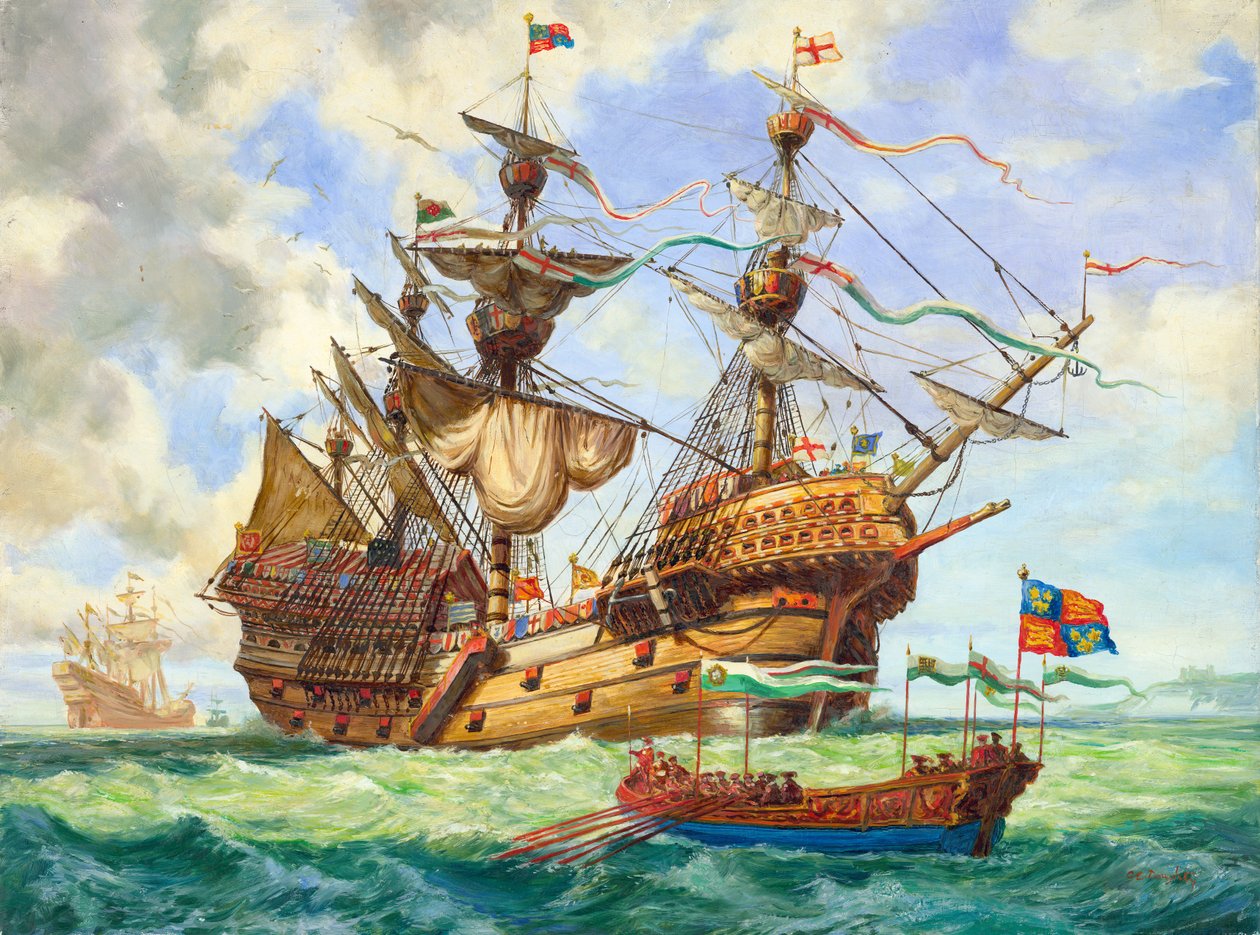A Nagy Harry, Henrik király flottájának zászlóshajója, 251 ágyúja közül több is (gouache, papír) alkotó: C.L. Doughty