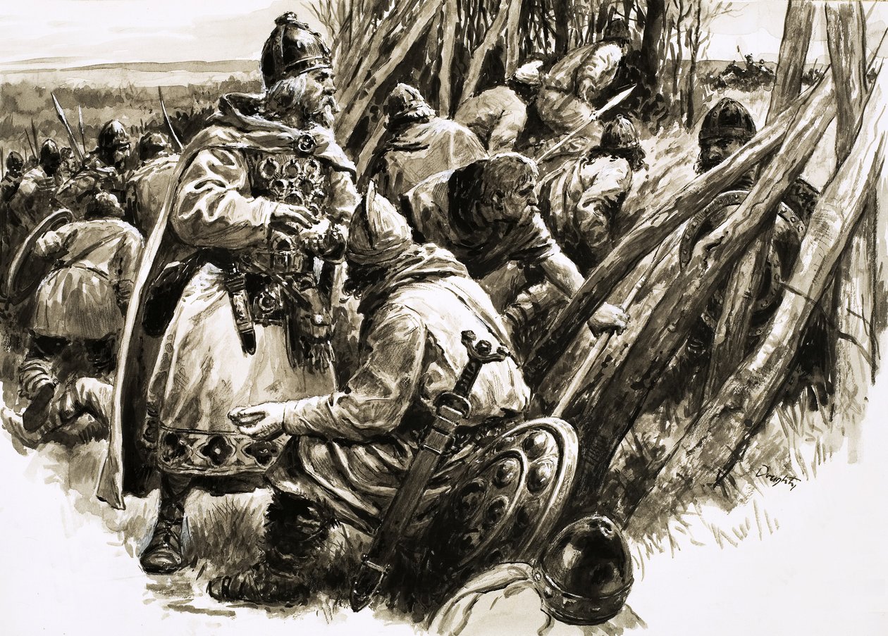 Alfréd király hűséges híveinek kis csapatával visszavonult a mocsarakba. alkotó: C.L. Doughty