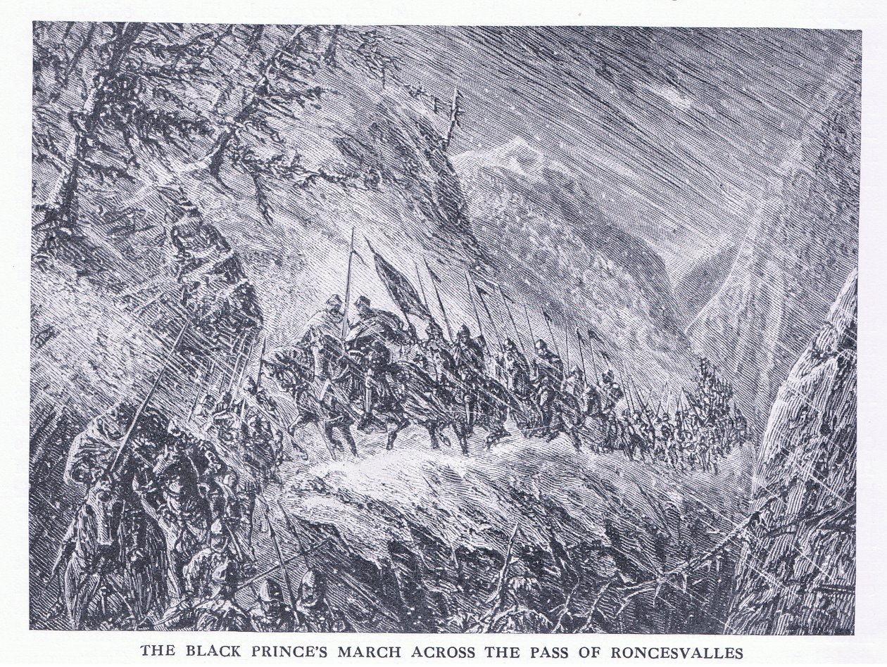 A fekete hercegek átvonulnak a Roncesvalles-hágón, a Cassells History of the British People című könyvből, amelyet a Waverley Book Company Limited adott ki, 1940 körül alkotó: C.O. Murray