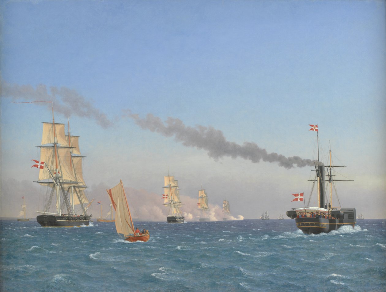 VIII. keresztény az „Ægir” gőzhajó fedélzetén egy osztag manővereit nézi Koppenhága közelében alkotó: Christoffer Wilhelm Eckersberg