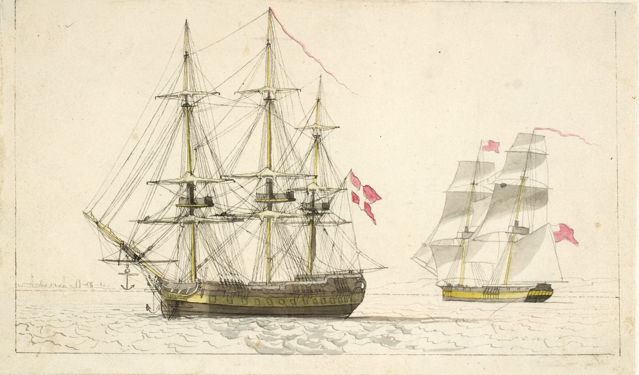 Egy dán fregatt horgonyban és egy angol brig vitorlás alatt alkotó: Christoffer Wilhelm Eckersberg