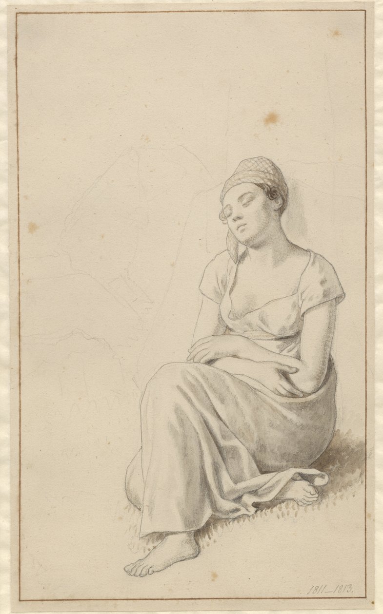 Egy nő egy kőtömbnek dőlve alszik. alkotó: Christoffer Wilhelm Eckersberg