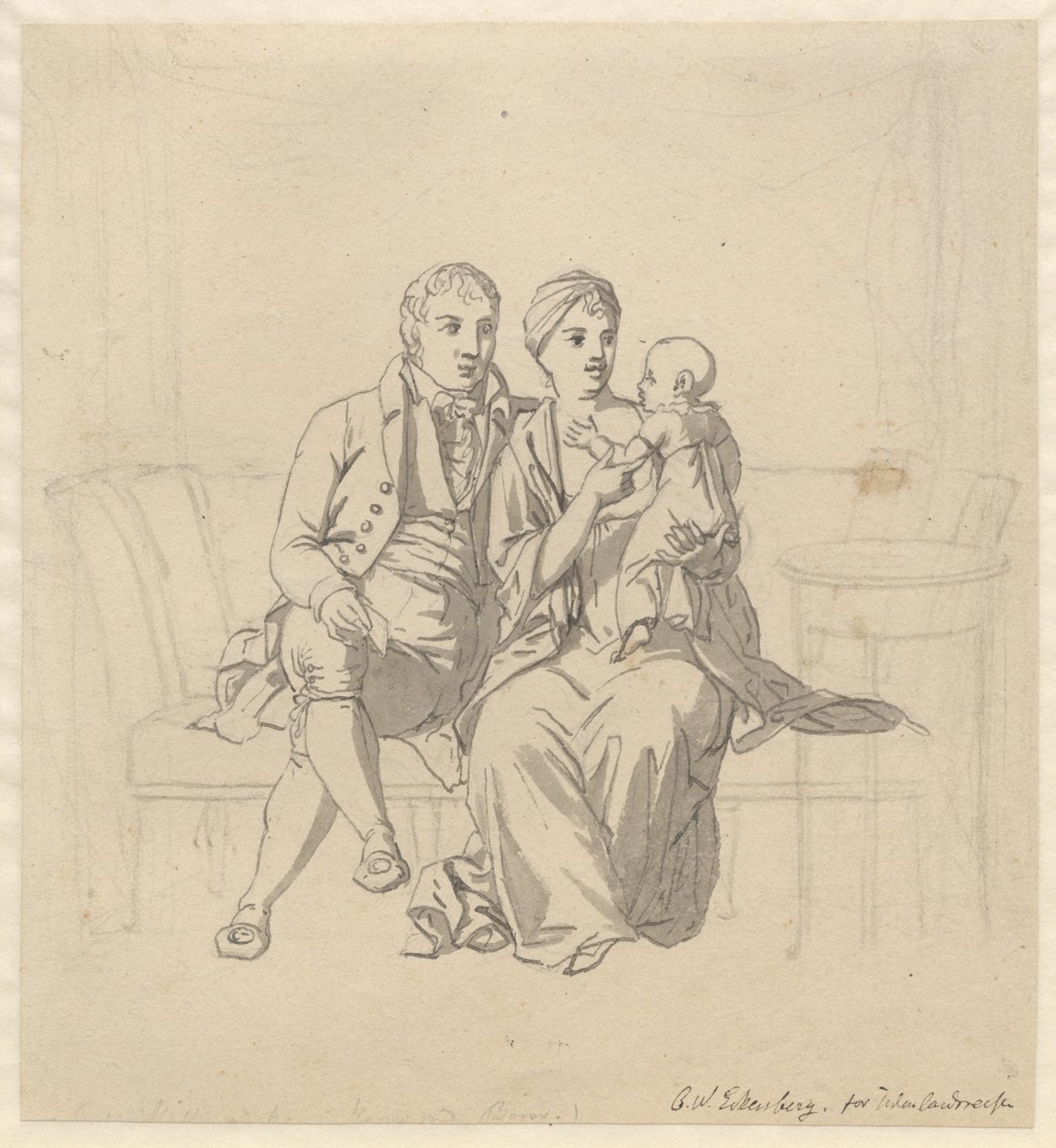 Egy fiatal házaspár ül a kanapén, ő egy gyerekkel a karján alkotó: Christoffer Wilhelm Eckersberg