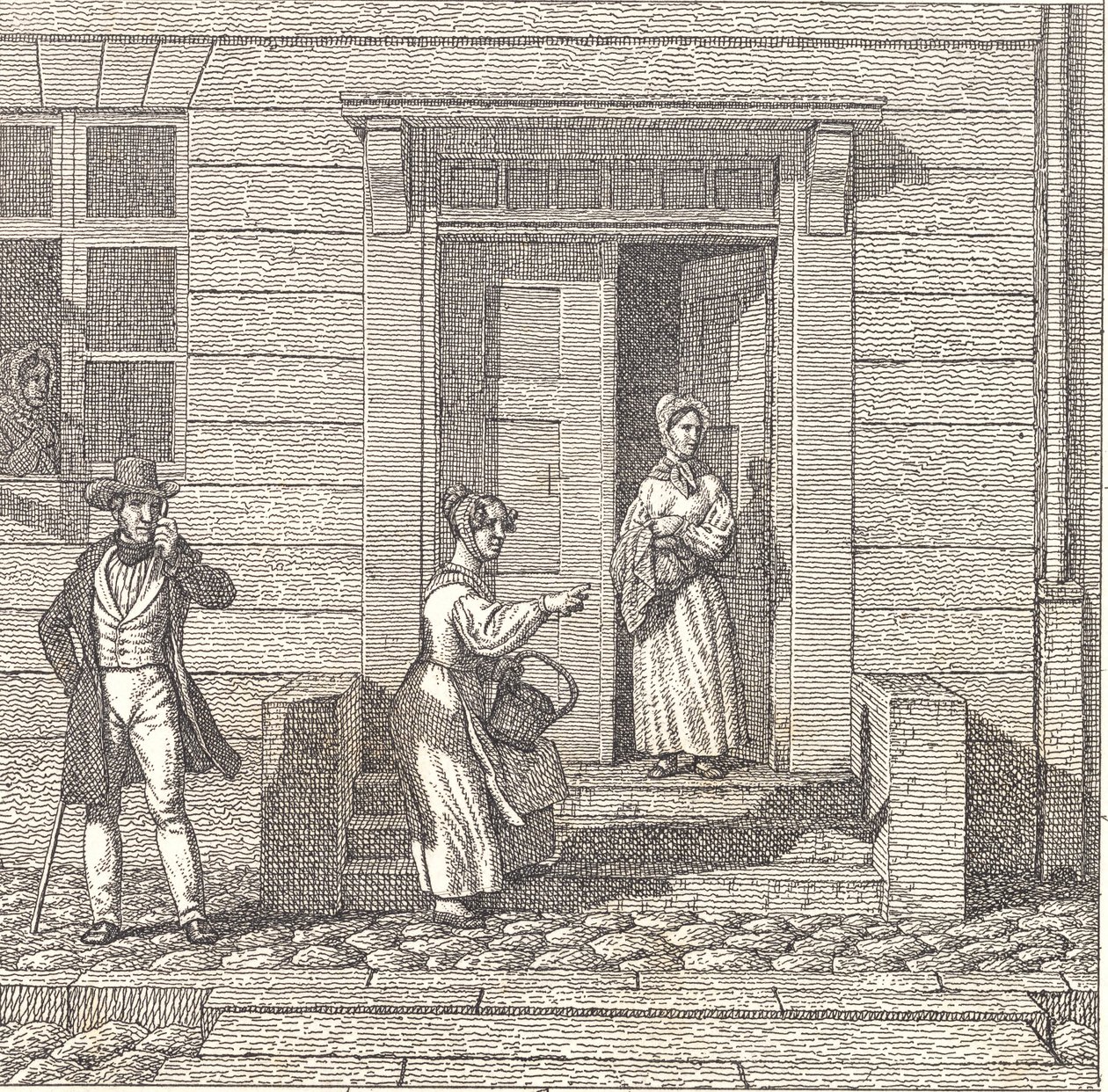 Utcai jelenet, két lány, egy férfi és egy nő keres valamit alkotó: Christoffer Wilhelm Eckersberg