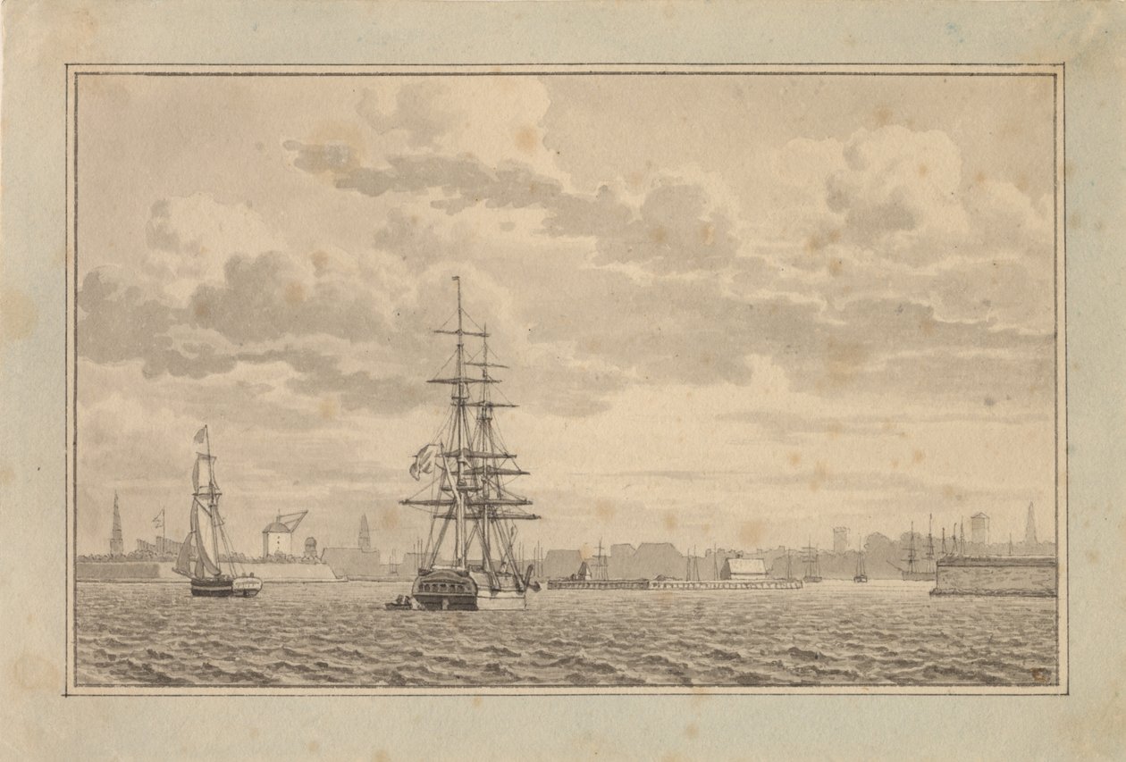 Koppenhága Yderhavnen felől nézve horgonyzó dandárral és vitorlással. alkotó: Christoffer Wilhelm Eckersberg