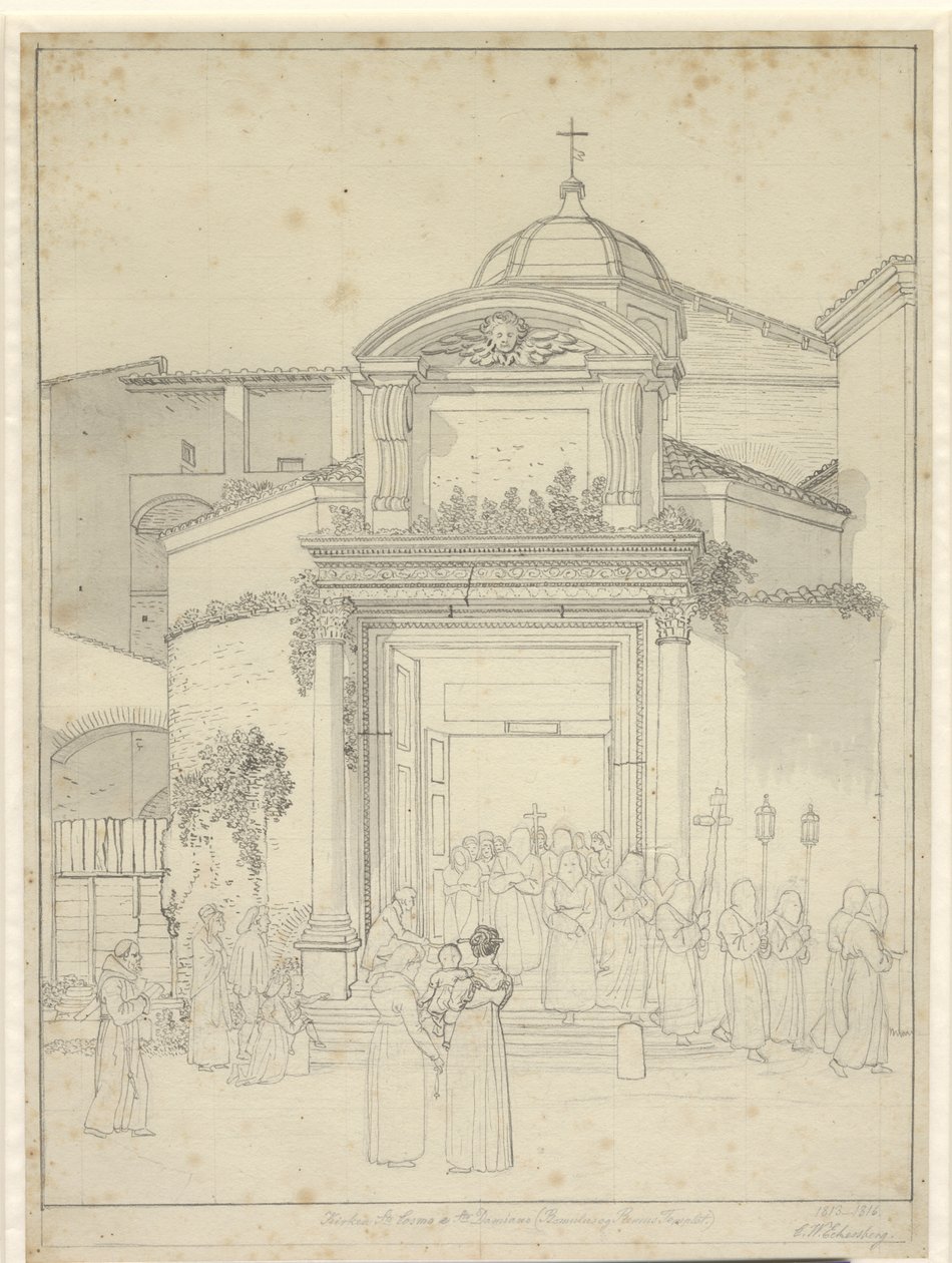 A templom áll. Kozmosz és Sta. Damians (Romolus és Remus Temple), szerzetesek körmenetben jönnek ki a templom ajtaján. alkotó: Christoffer Wilhelm Eckersberg