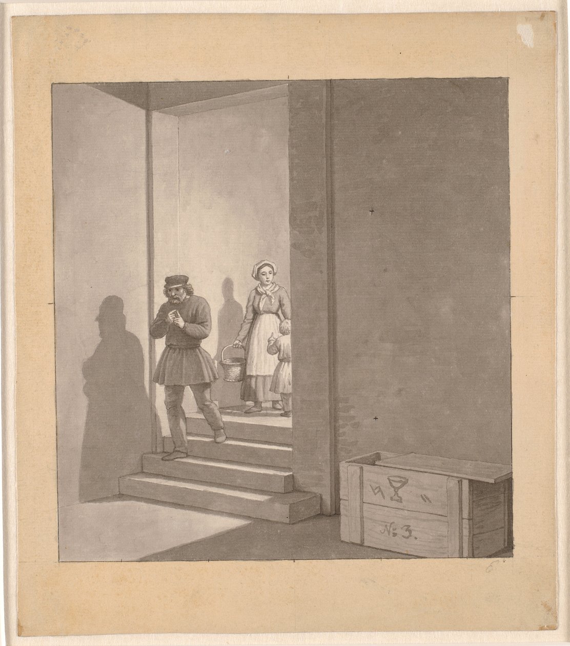 Férfi úton lefelé a lépcsőn, a háttérben nő és gyermek alkotó: Christoffer Wilhelm Eckersberg