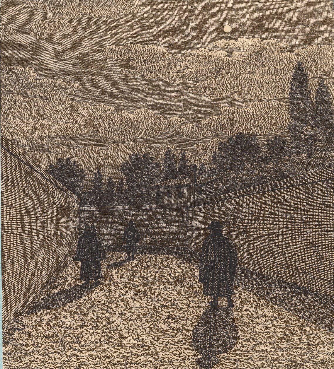 Holdfény egy út felett, három figurával. Illusztráció a "Lineáris perspektívához", IV. tábla alkotó: Christoffer Wilhelm Eckersberg