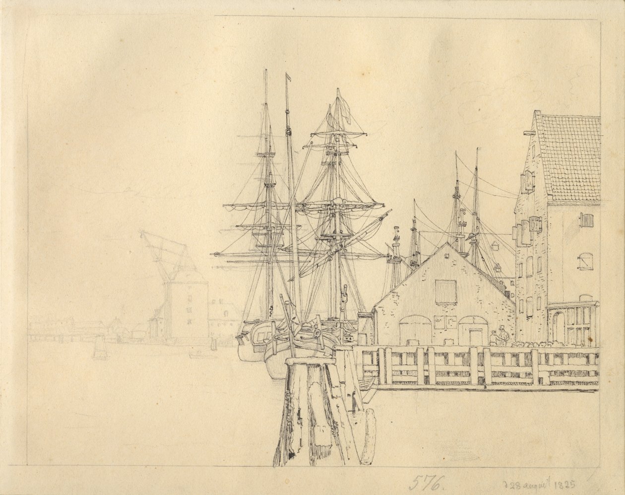 Telek az egyik Christianshavn-i hajógyárból, a háttérben Mastekran. alkotó: Christoffer Wilhelm Eckersberg