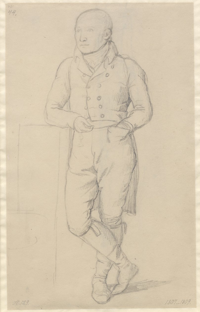 Egy álló férfi portréja, keresztbe tett lábakkal, a kanapénak támaszkodva alkotó: Christoffer Wilhelm Eckersberg