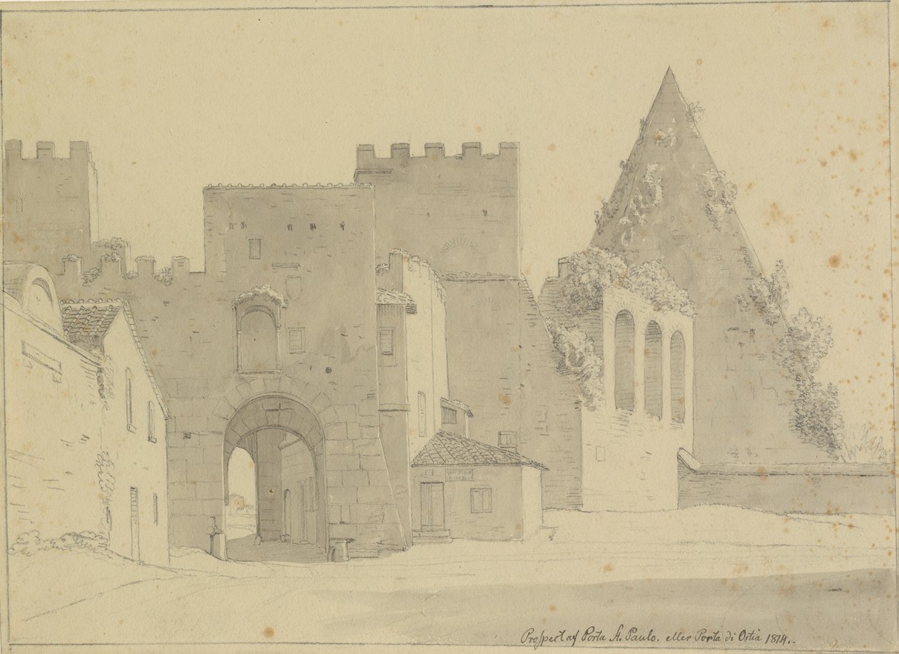 A Porta S.Paolo és a Piramide di Caio Cestio kilátása a város felől nézve, Róma. alkotó: Christoffer Wilhelm Eckersberg