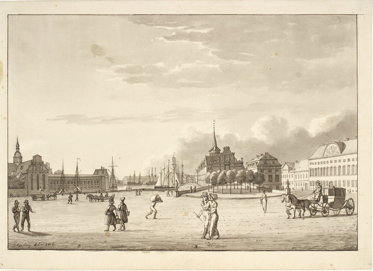 A koppenhágai Vár tér a Holmen templommal, a Børsennel, a mára eltűnt bank- és kancellária épületével ("The Red Building") alkotó: Christoffer Wilhelm Eckersberg