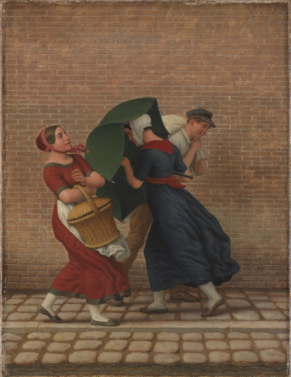 Utcai jelenet szeles és esős időben alkotó: Christoffer Wilhelm Eckersberg