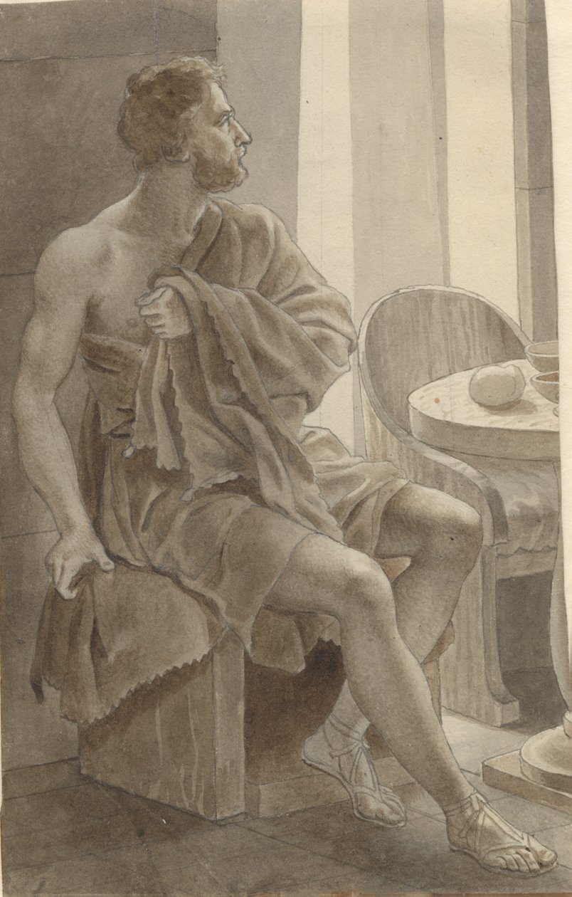 Telemachos találkozik Odüsszeusz koldusnak álcázott pásztor Eumaios - Odüsszeusz; töredéke a teljes kompozíciónak. alkotó: Christoffer Wilhelm Eckersberg