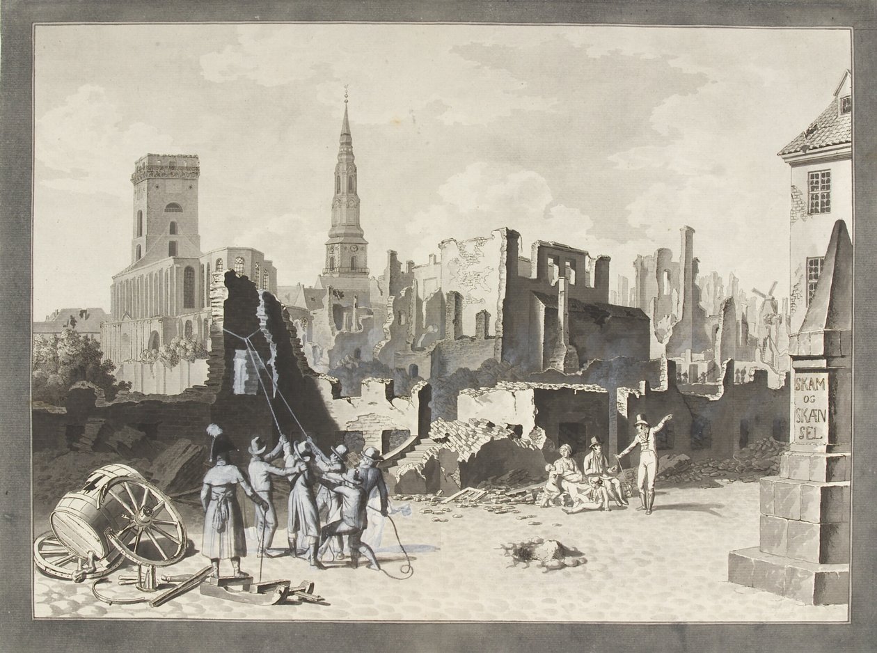 Az Ulfeldt tér, ma Gråbrødertorv, az 1807. szeptemberi brit bombázás után alkotó: Christoffer Wilhelm Eckersberg