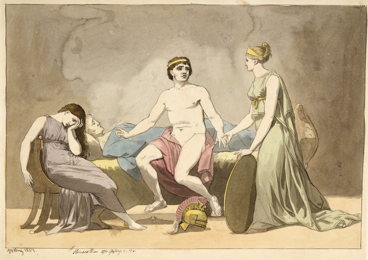 Thetis fegyvereket hoz Akhilleusznak, aki Patroklos holttestét gyászolja alkotó: Christoffer Wilhelm Eckersberg