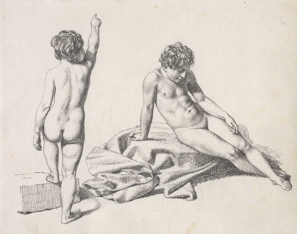 Két meztelen kislány, az egyik elölről nézve ül, a másik hátulról nézve áll alkotó: Christoffer Wilhelm Eckersberg
